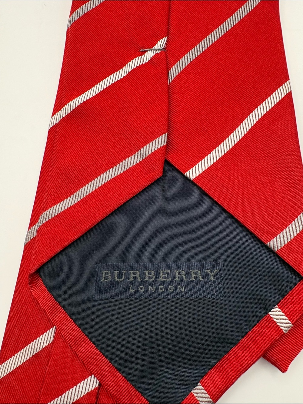 Burberry Red Silk Tie with Diagonal Silver-White Stripes